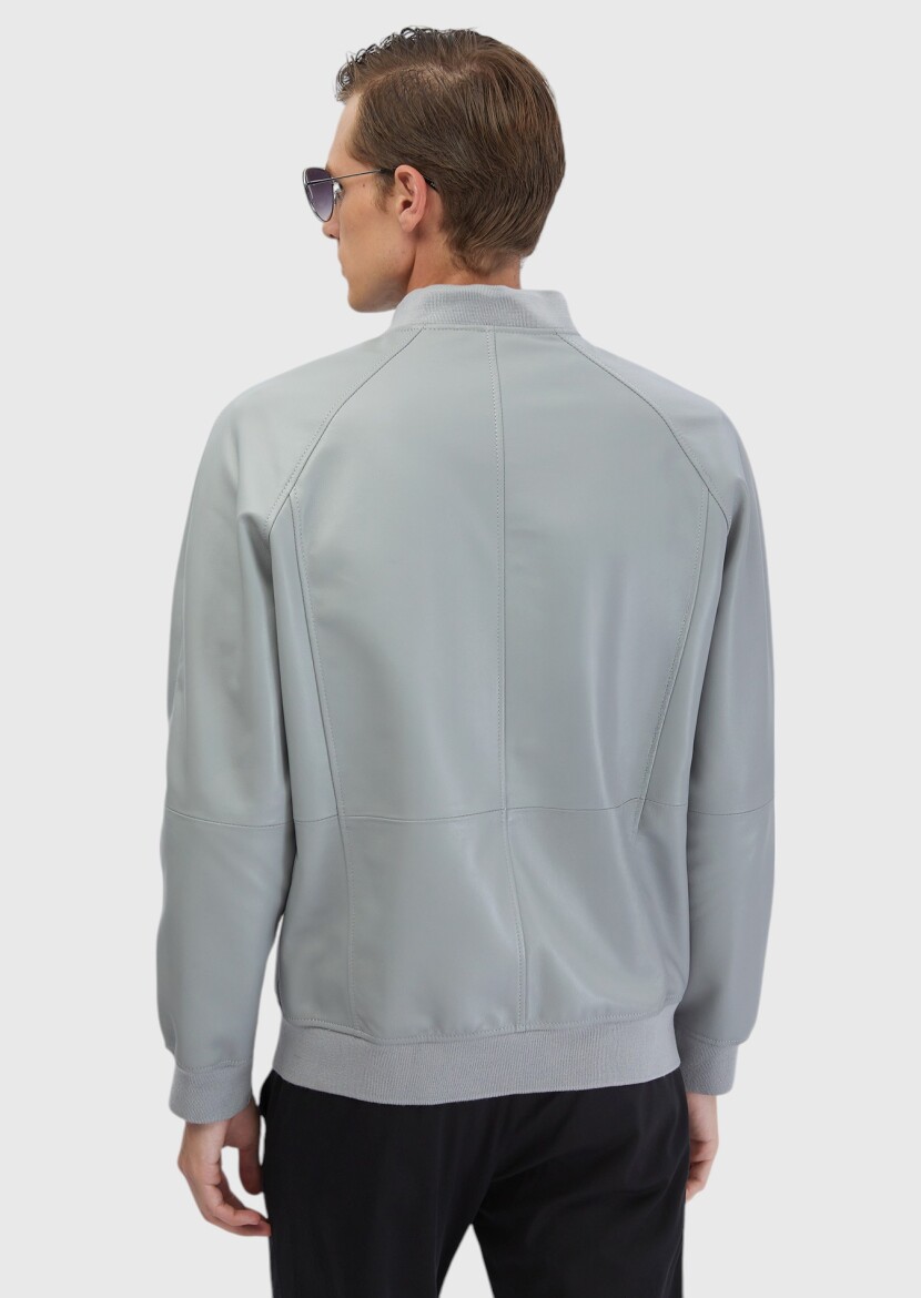 Gri Regular Fit Dik Yaka Casual Koyun Derisi Deri Mont - 6