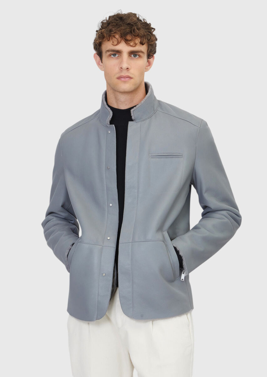 Gri Regular Fit Dik Yaka Casual Koyun Kürkü Deri Mont - 1