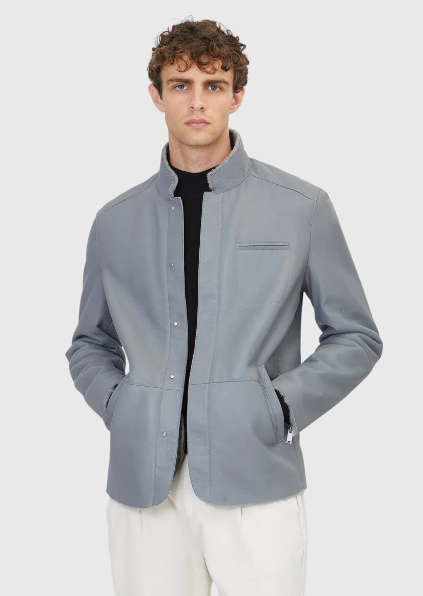 Gri Regular Fit Dik Yaka Casual Koyun Kürkü Deri Mont - RAMSEY