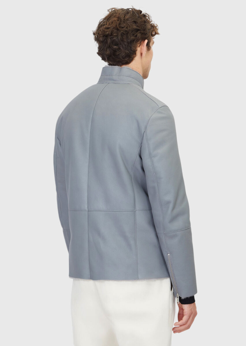 Gri Regular Fit Dik Yaka Casual Koyun Kürkü Deri Mont - 6