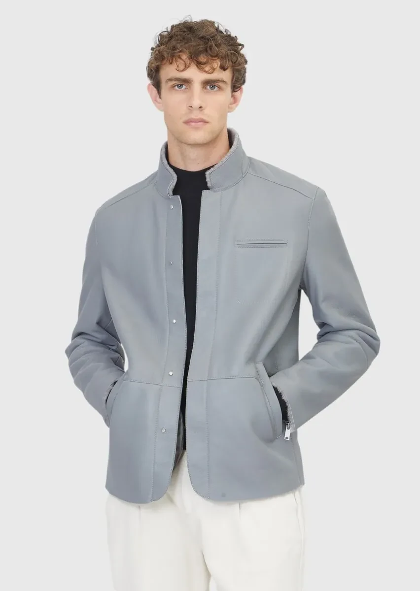 Gri Regular Fit Dik Yaka Casual Koyun Kürkü Deri Mont - 1