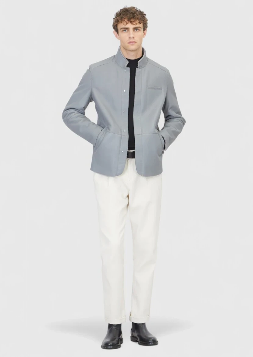 Gri Regular Fit Dik Yaka Casual Koyun Kürkü Deri Mont - 2