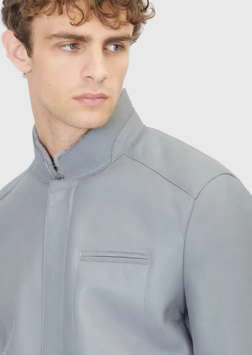 Gri Regular Fit Dik Yaka Casual Koyun Kürkü Deri Mont - 4