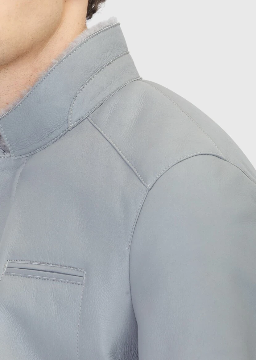 Gri Regular Fit Dik Yaka Casual Koyun Kürkü Deri Mont - 5