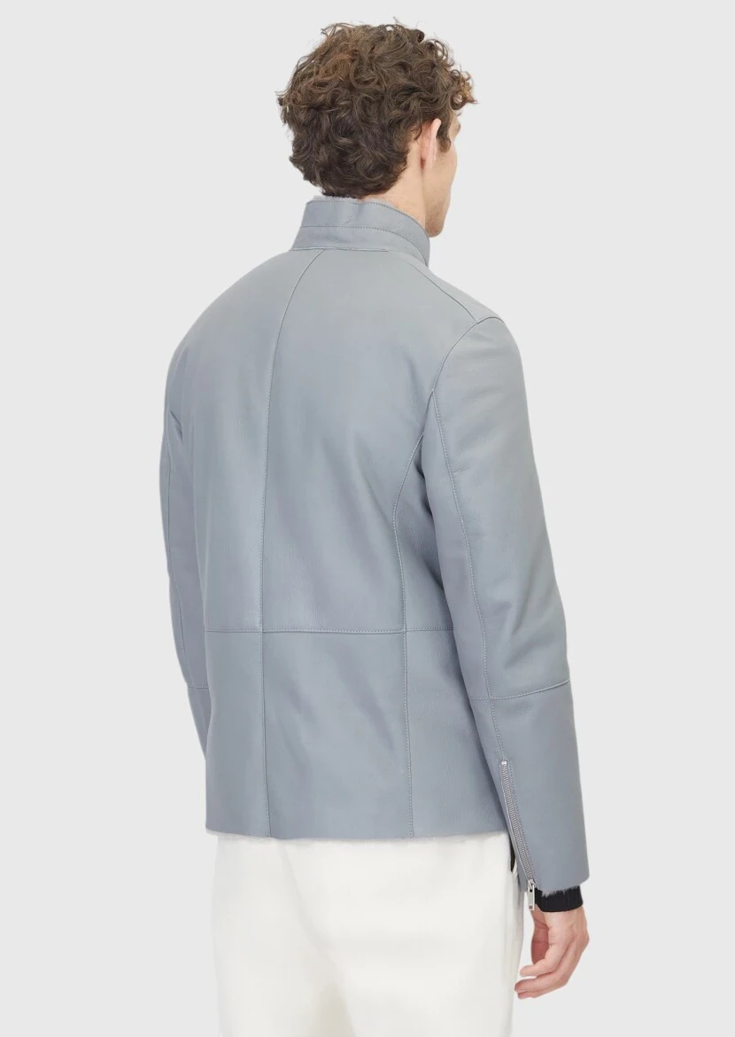 Gri Regular Fit Dik Yaka Casual Koyun Kürkü Deri Mont - 6