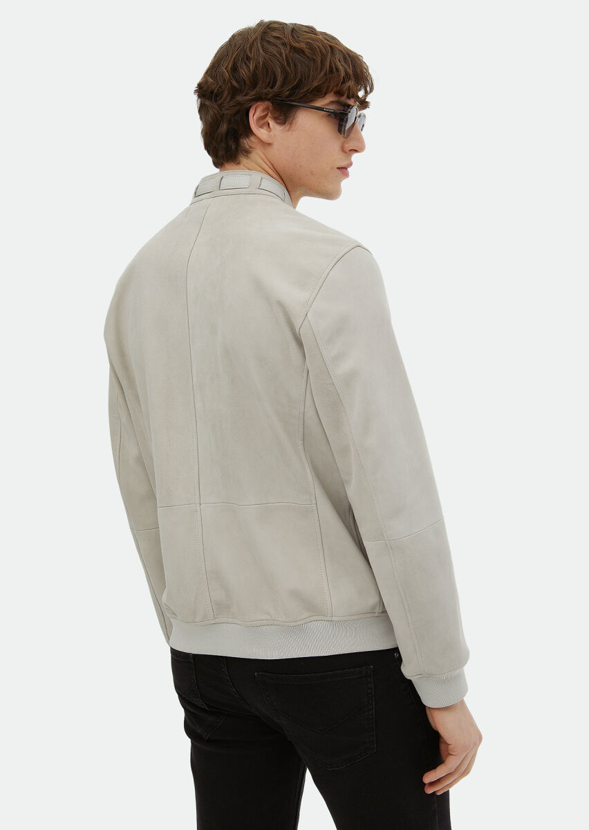 Gri Regular Fit Dik Yaka Casual Süet Deri Mont - 6