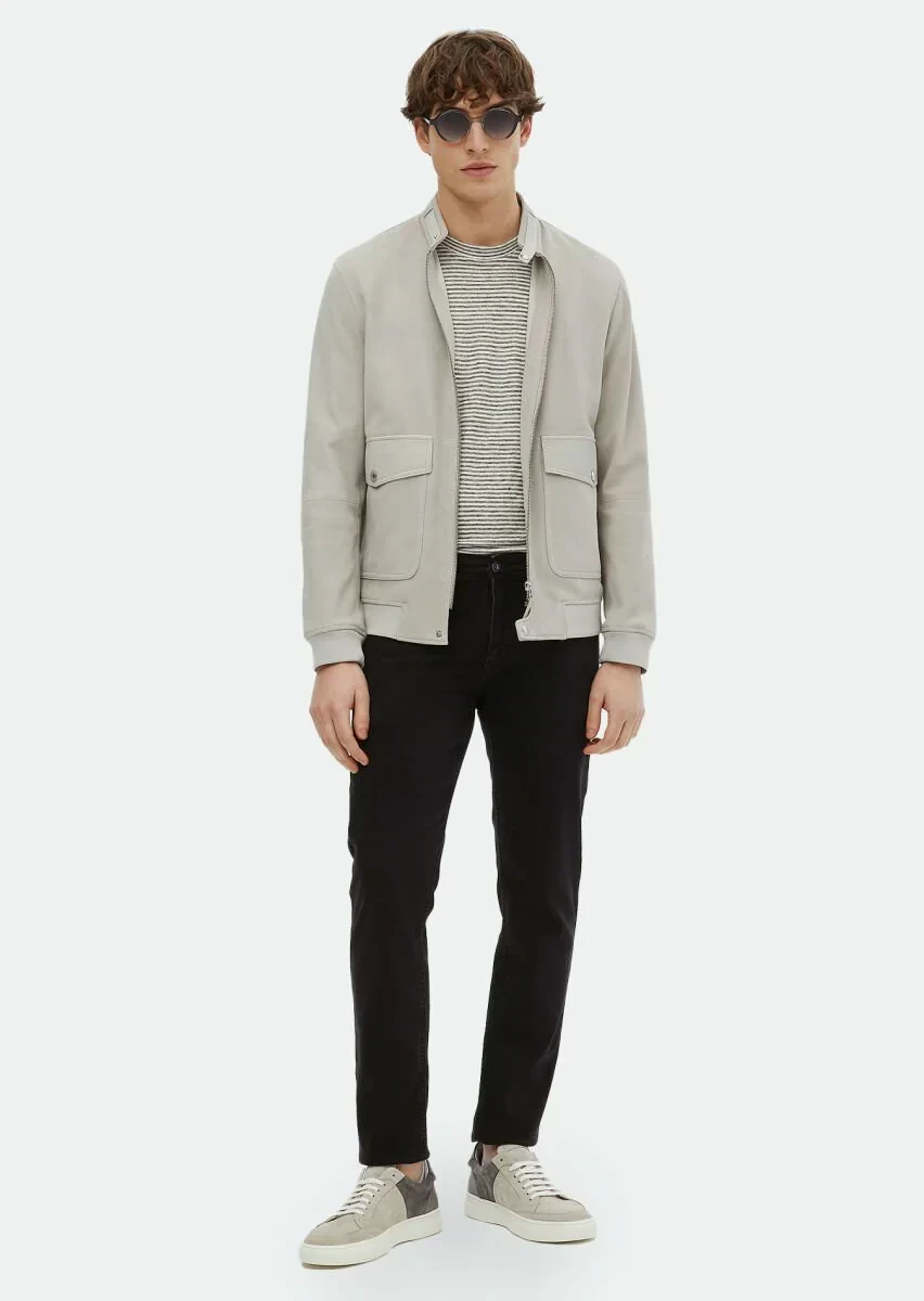 Gri Regular Fit Dik Yaka Casual Süet Deri Mont - 2