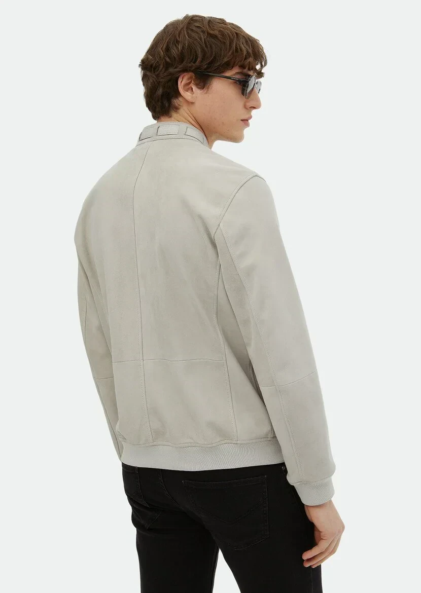 Gri Regular Fit Dik Yaka Casual Süet Deri Mont - 6