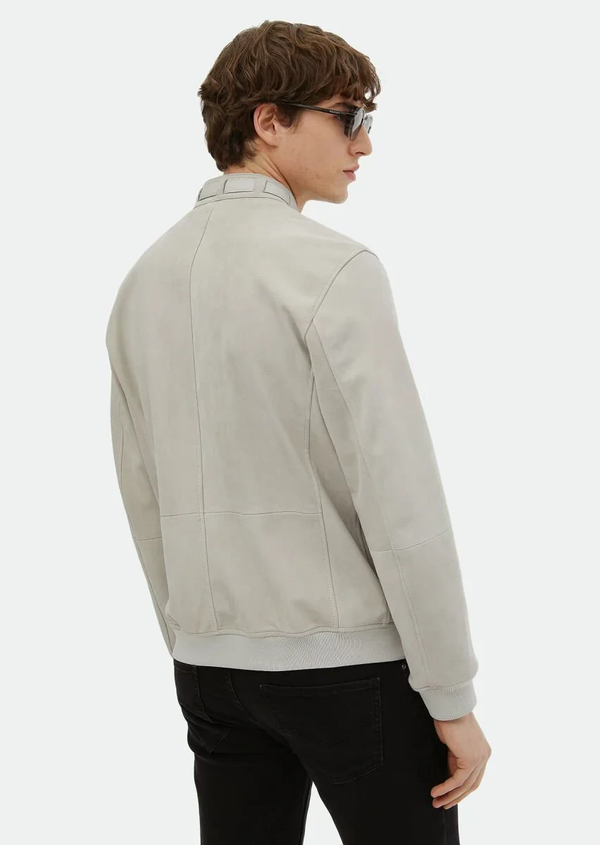Gri Regular Fit Dik Yaka Casual Süet Deri Mont - 6