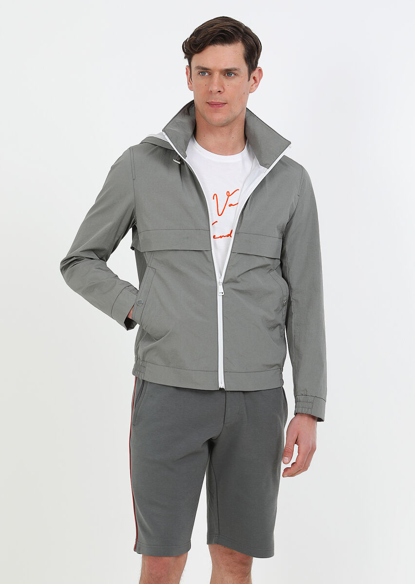 Gri Regular Fit Dik Yaka Denim Dokuma Mont - 1