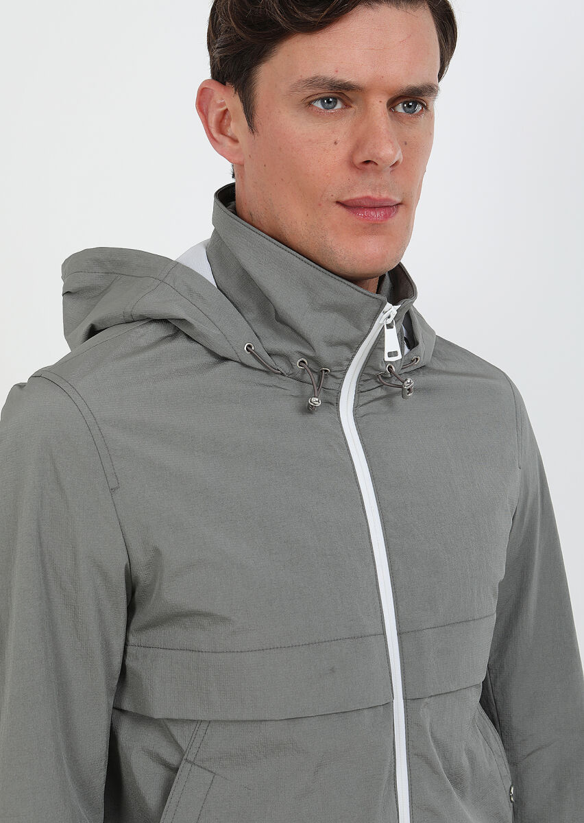 Gri Regular Fit Dik Yaka Denim Dokuma Mont - 3