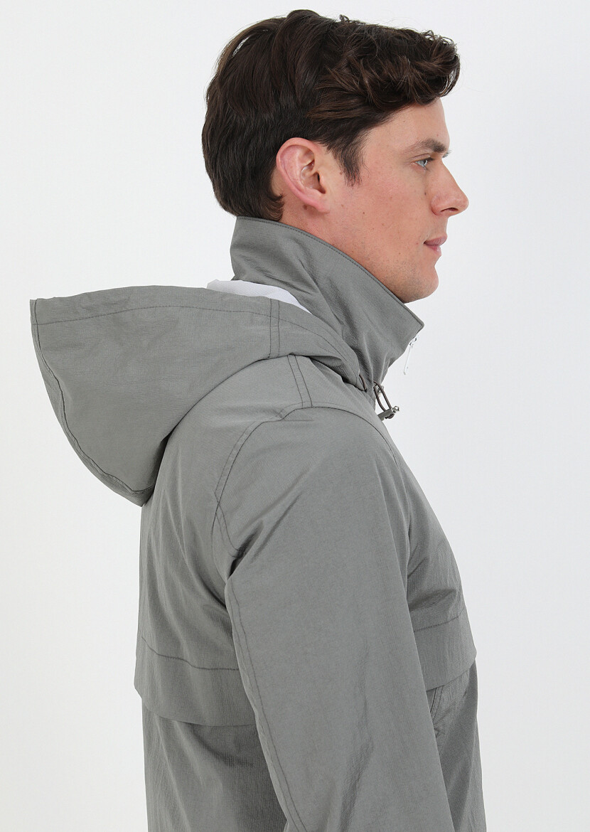 Gri Regular Fit Dik Yaka Denim Dokuma Mont - 5
