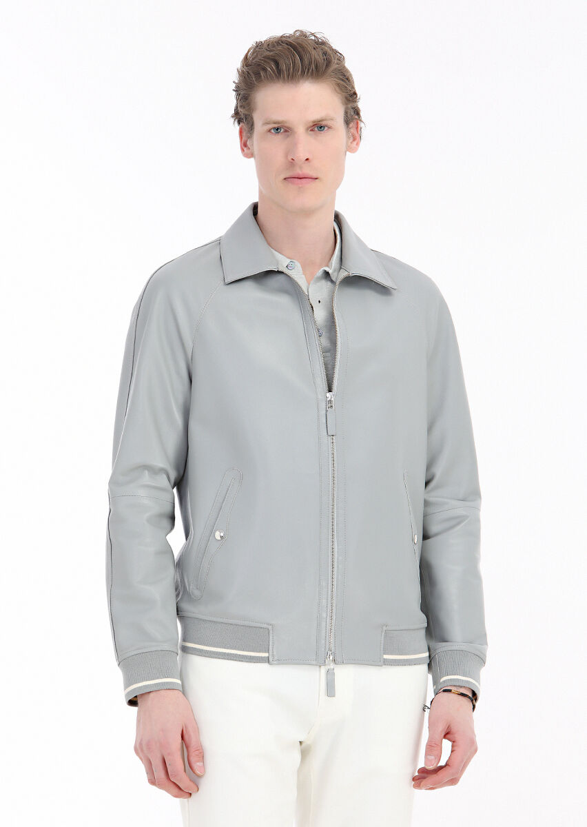 Gri Regular Fit Gömlek Yaka Casual Deri Deri Mont - 2