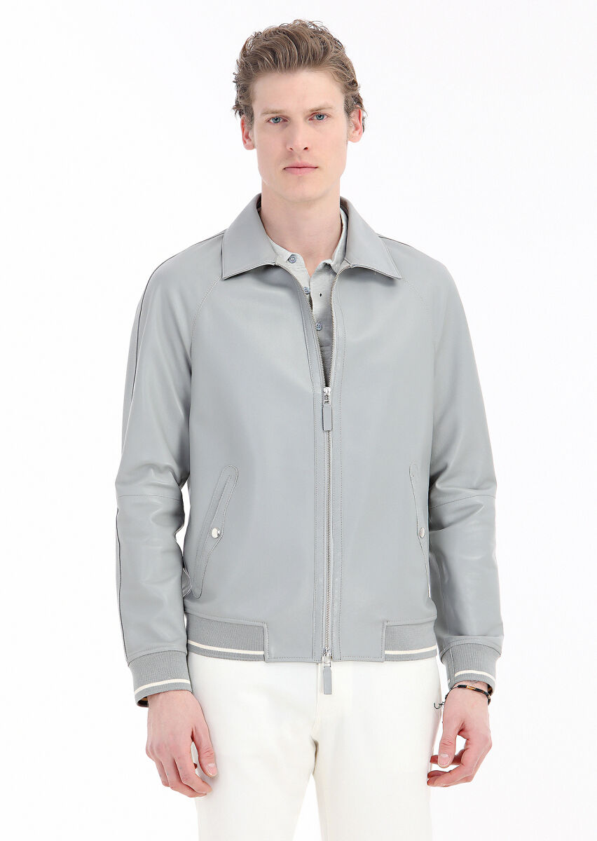 Gri Regular Fit Gömlek Yaka Casual Deri Deri Mont - 4