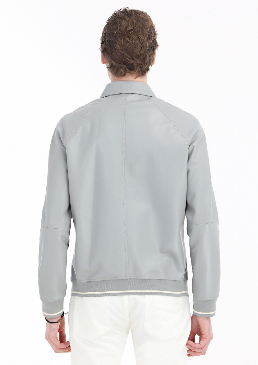 Gri Regular Fit Gömlek Yaka Casual Deri Deri Mont - 6