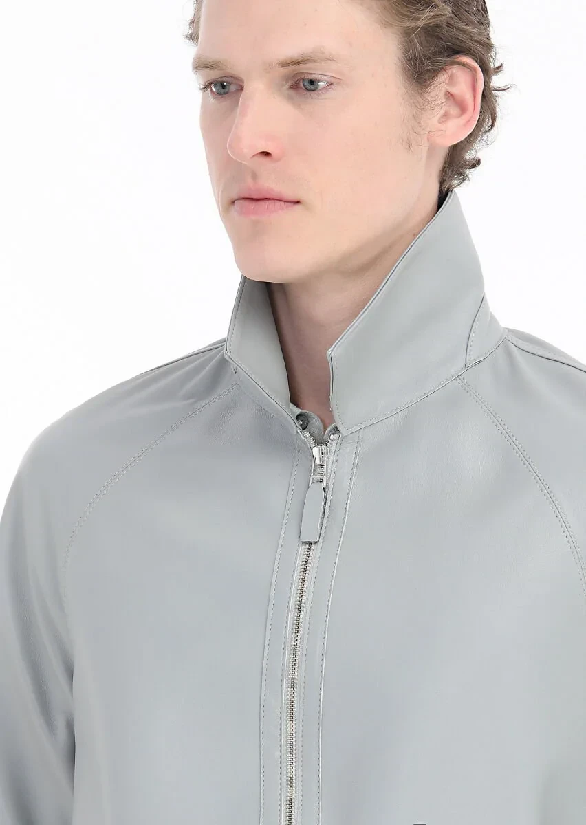 Gri Regular Fit Gömlek Yaka Casual Deri Deri Mont - 5