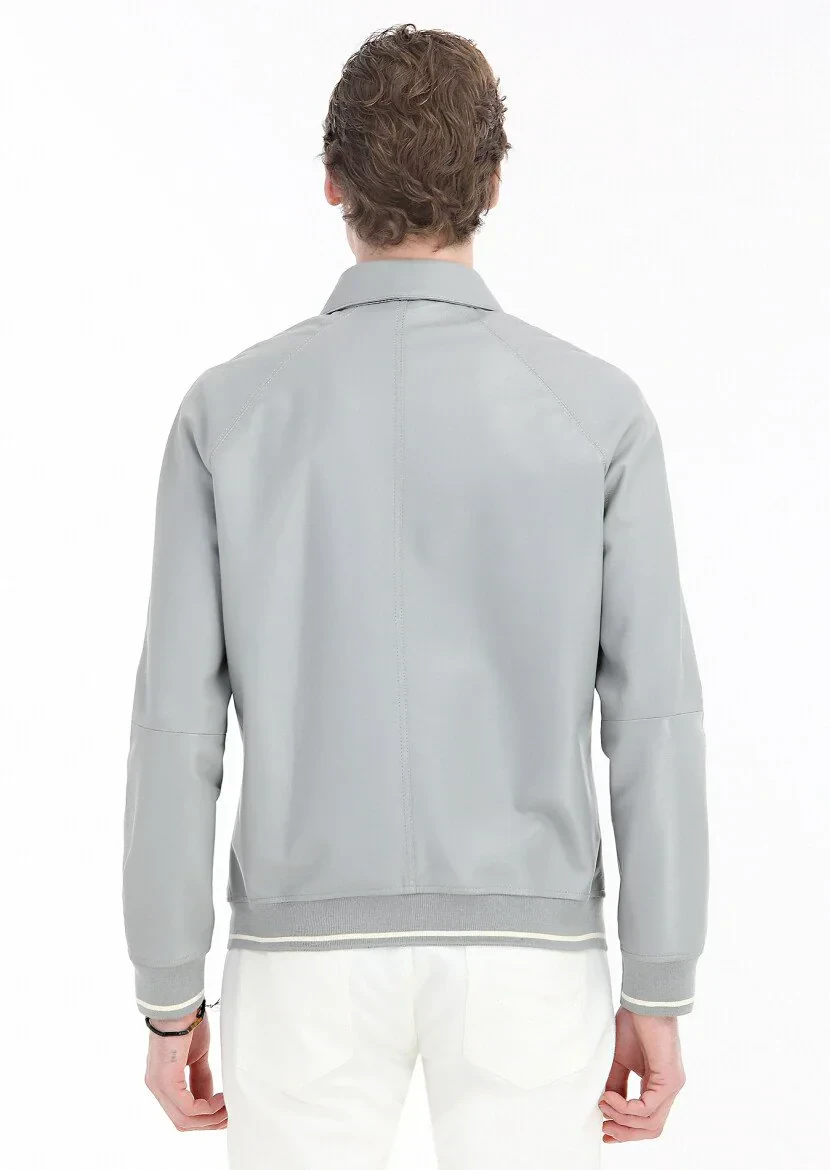 Gri Regular Fit Gömlek Yaka Casual Deri Deri Mont - 6