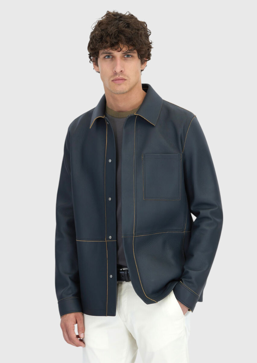 Gri Regular Fit Gömlek Yaka Casual Koyun Derisi Deri Mont - 1