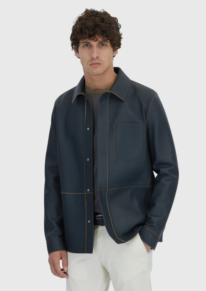 Gri Regular Fit Gömlek Yaka Casual Koyun Derisi Deri Mont - 1