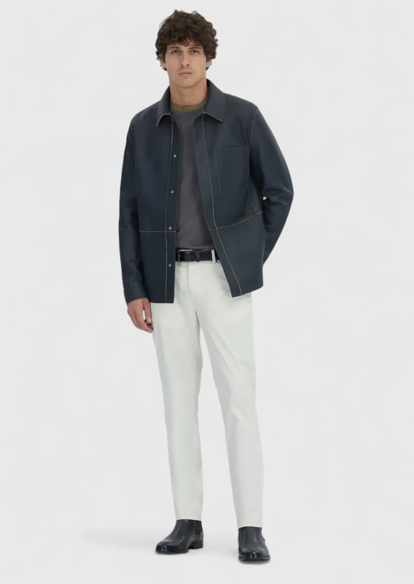 Gri Regular Fit Gömlek Yaka Casual Koyun Derisi Deri Mont - 2