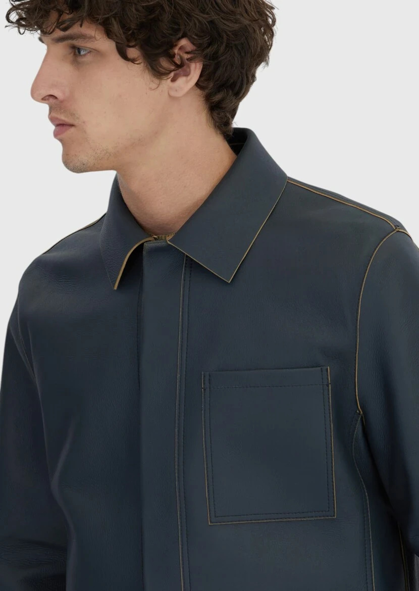 Gri Regular Fit Gömlek Yaka Casual Koyun Derisi Deri Mont - 3