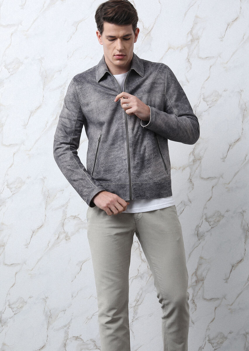 Gri Regular Fit Gömlek Yaka Casual Süet Deri Mont - 3
