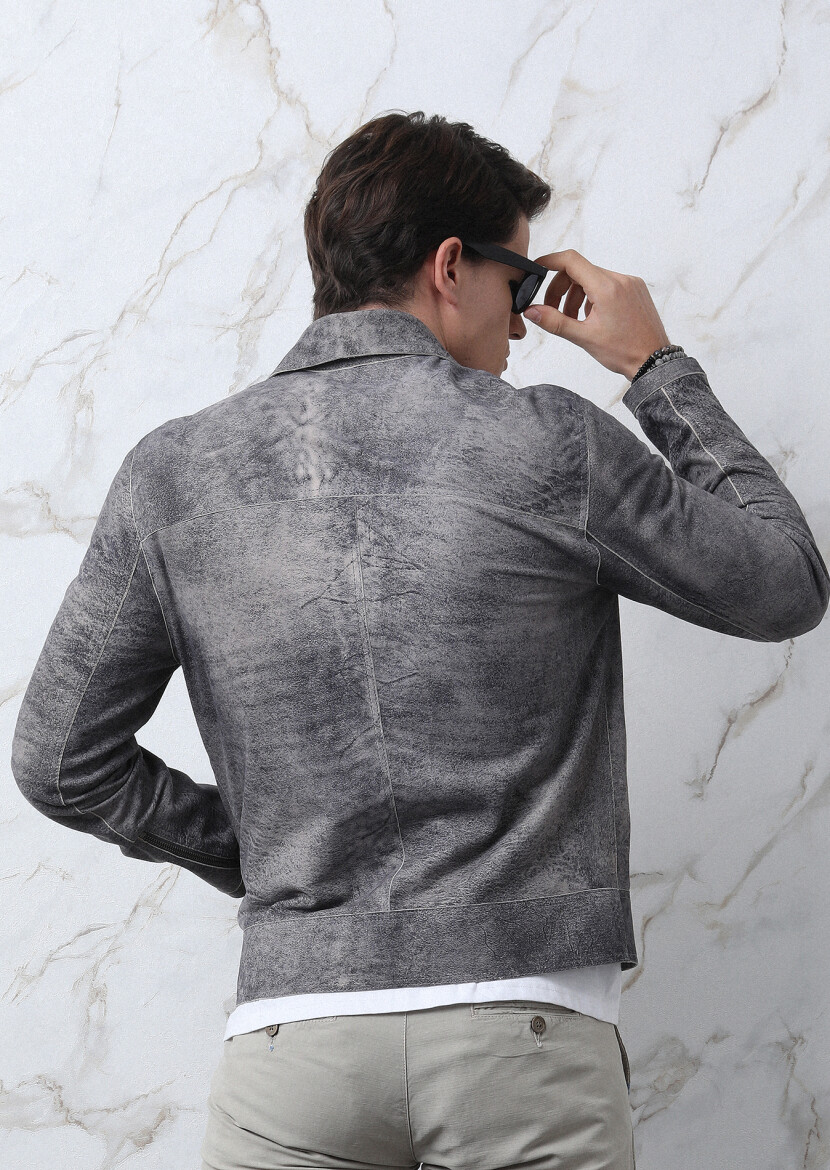 Gri Regular Fit Gömlek Yaka Casual Süet Deri Mont - 5