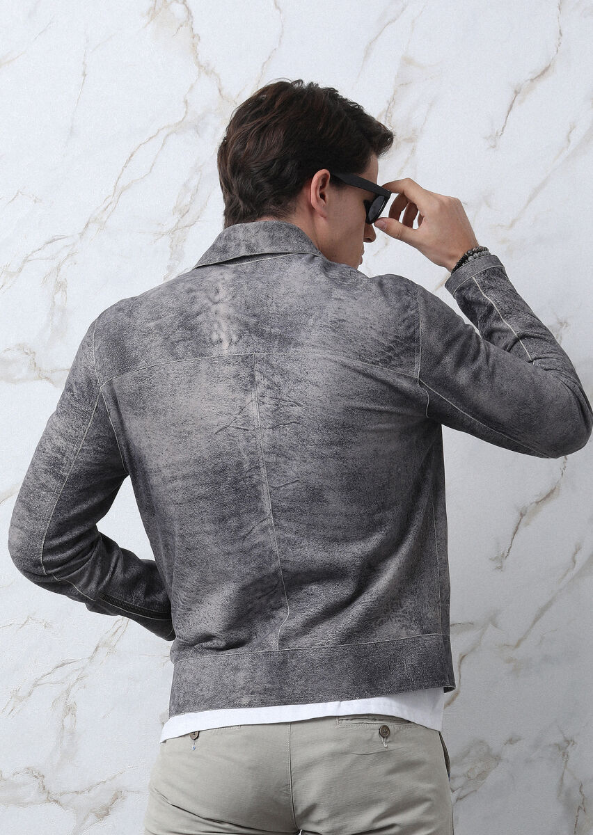 Gri Regular Fit Gömlek Yaka Casual Süet Deri Mont - 5