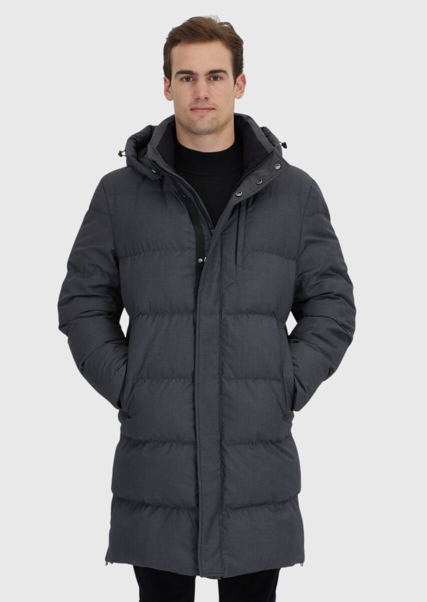 Gri Regular Fit Kapüşonlu Casual Dokuma Kaban - 1