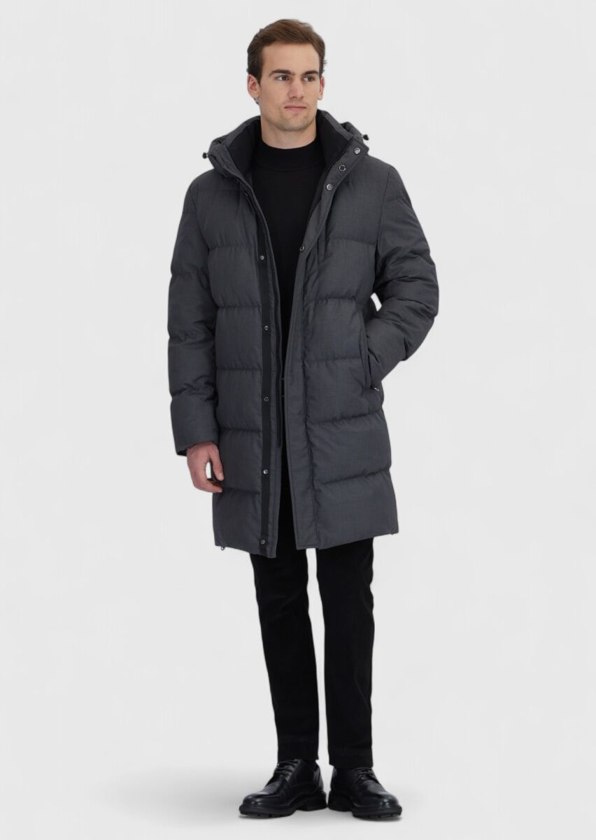 Gri Regular Fit Kapüşonlu Casual Dokuma Kaban - 2