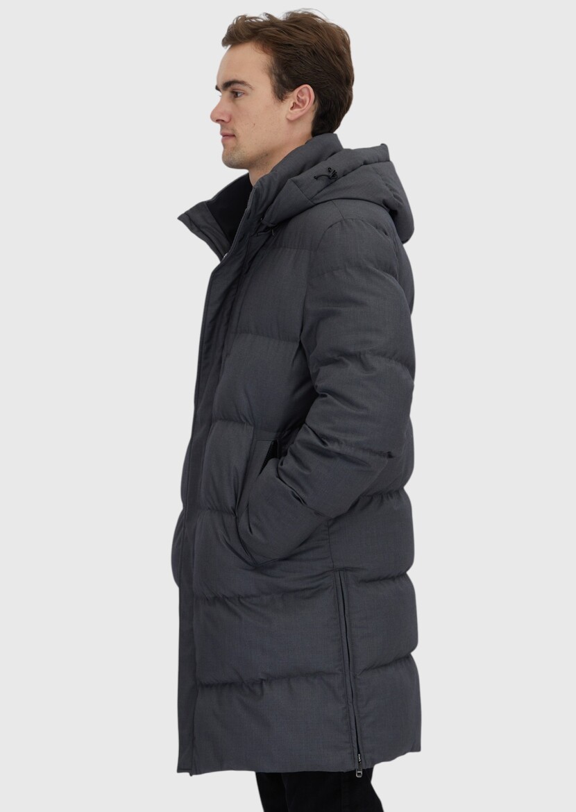 Gri Regular Fit Kapüşonlu Casual Dokuma Kaban - 3