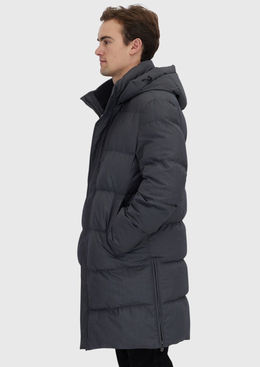 Gri Regular Fit Kapüşonlu Casual Dokuma Kaban - 3