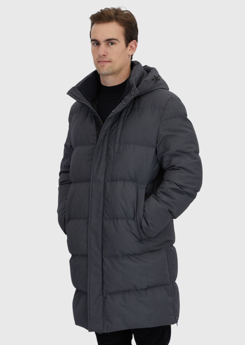 Gri Regular Fit Kapüşonlu Casual Dokuma Kaban - 4