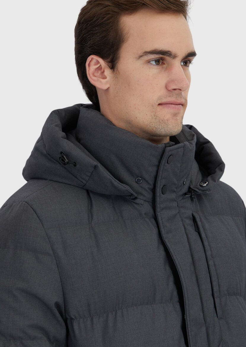 Gri Regular Fit Kapüşonlu Casual Dokuma Kaban - 6