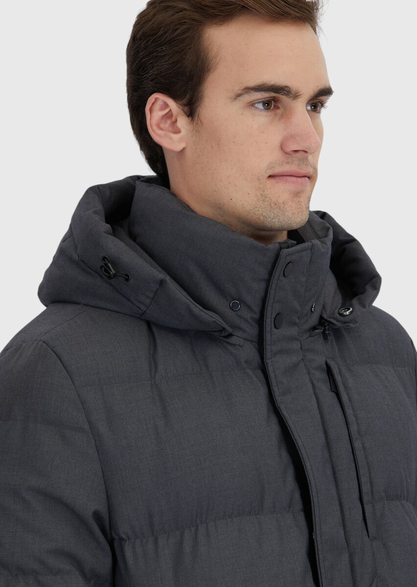 Gri Regular Fit Kapüşonlu Casual Dokuma Kaban - 6