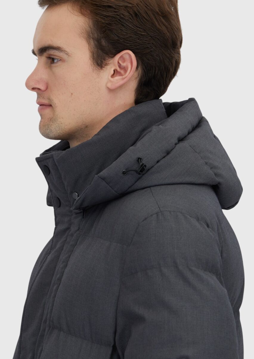 Gri Regular Fit Kapüşonlu Casual Dokuma Kaban - 7