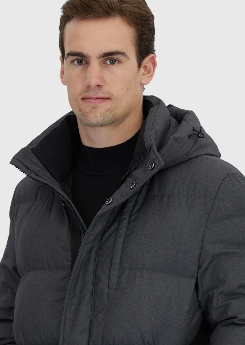 Gri Regular Fit Kapüşonlu Casual Dokuma Kaban - 5