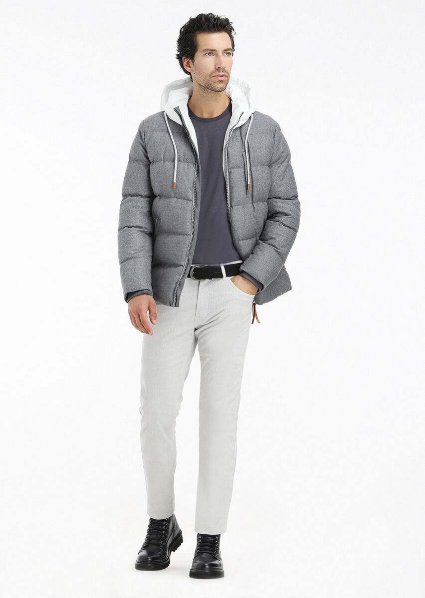 Gri Regular Fit Kapüşonlu Casual Dokuma Mont - 1