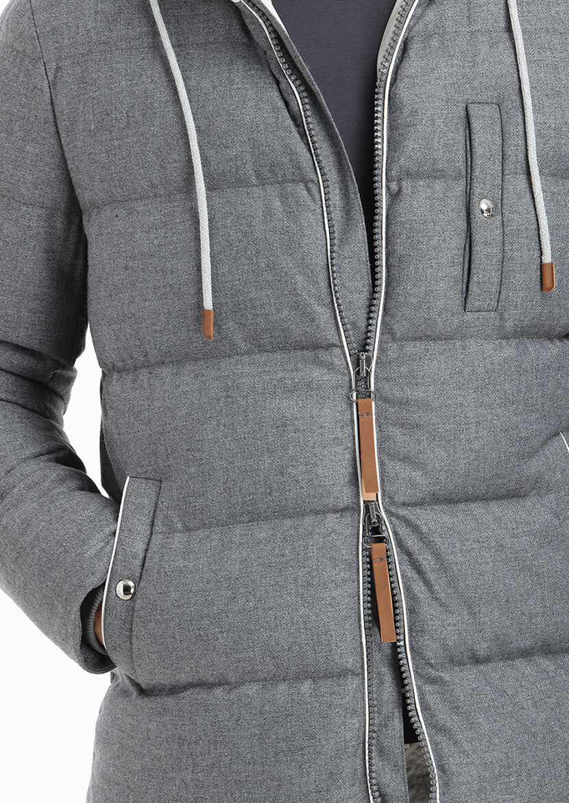 Gri Regular Fit Kapüşonlu Casual Dokuma Mont - 3