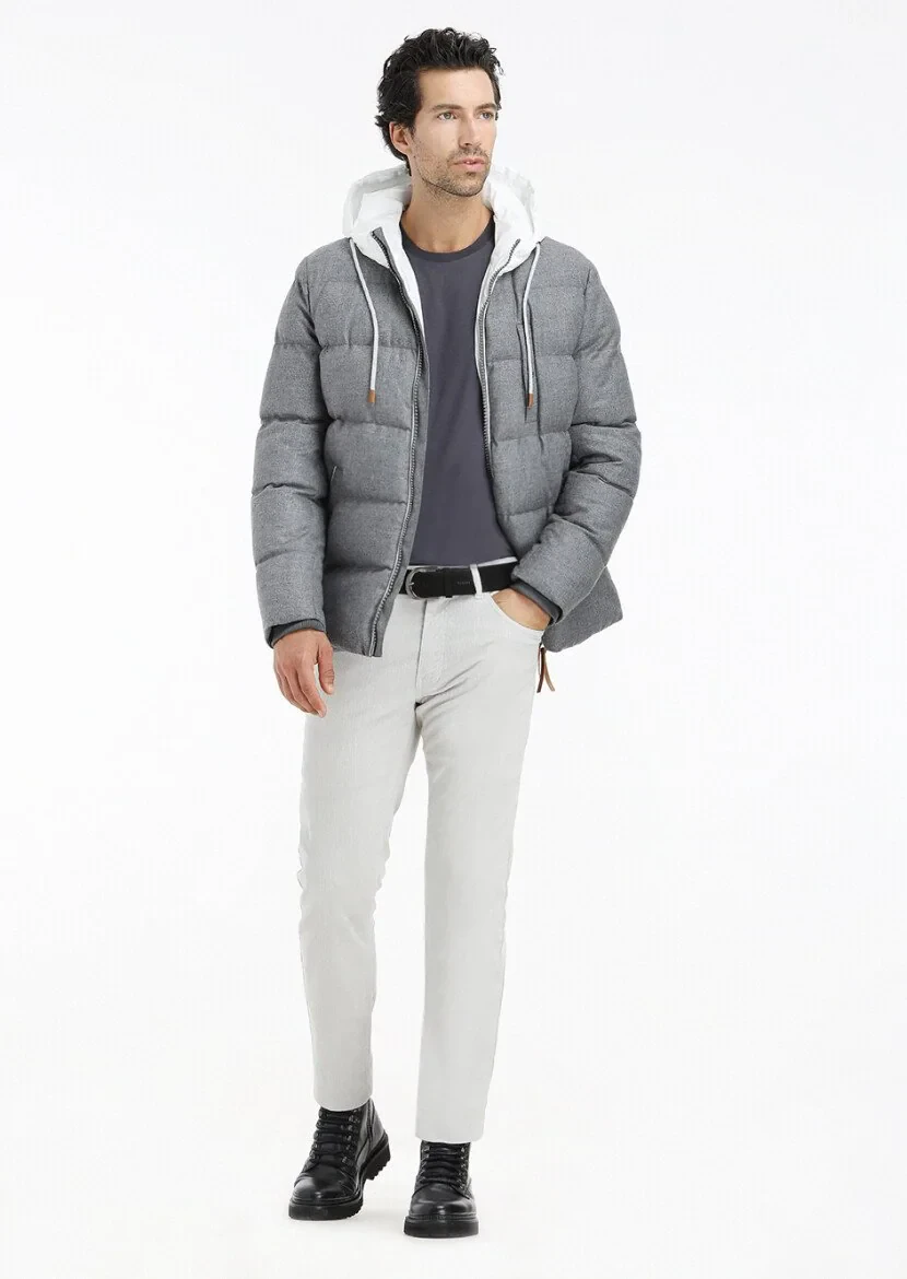Gri Regular Fit Kapüşonlu Casual Dokuma Mont - 1