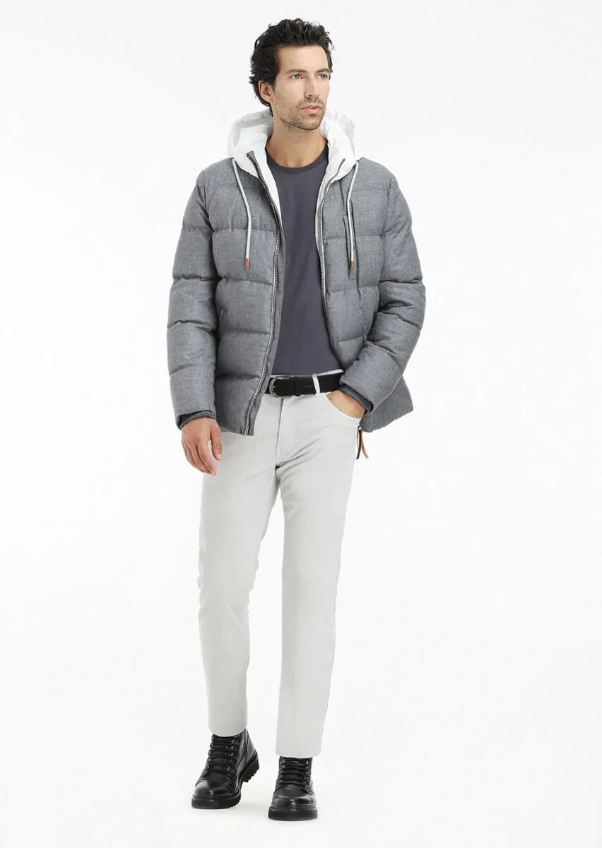 Gri Regular Fit Kapüşonlu Casual Dokuma Mont - 1
