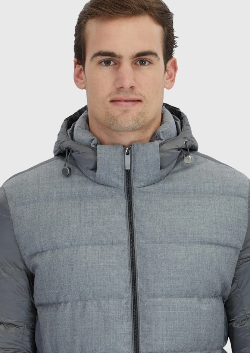 Gri Regular Fit Kapüşonlu Casual Dokuma Mont - 3