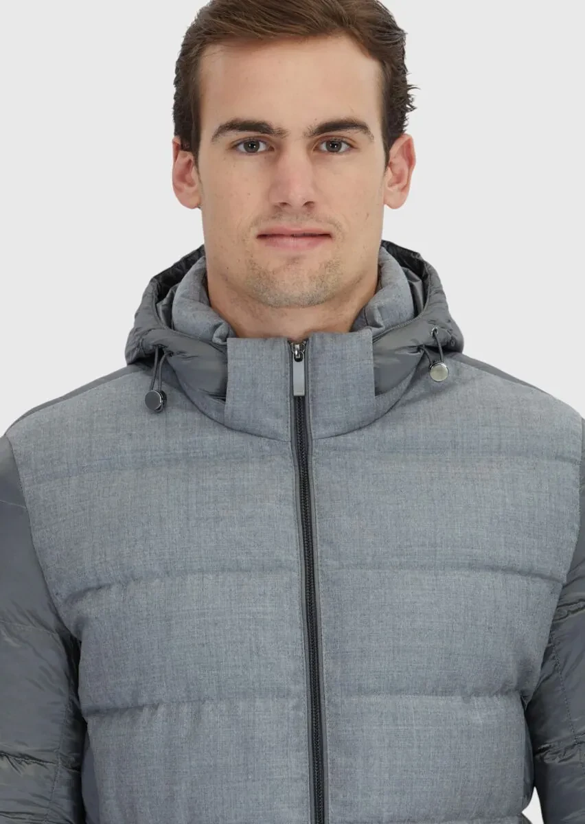 Gri Regular Fit Kapüşonlu Casual Dokuma Mont - 3