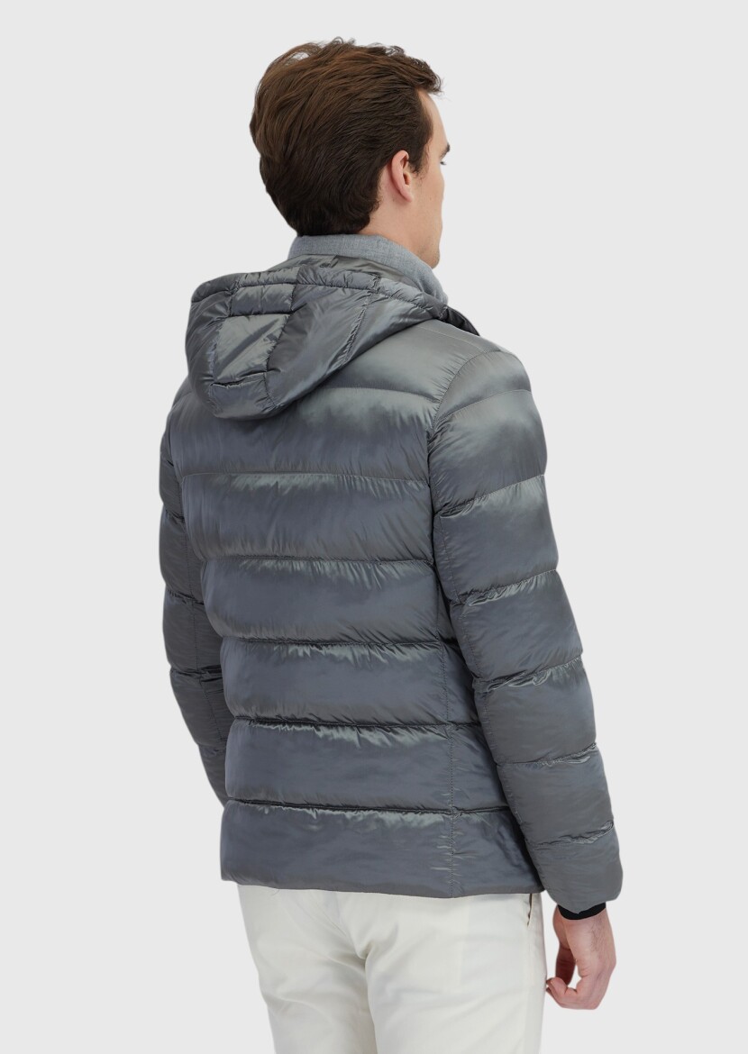 Gri Regular Fit Kapüşonlu Casual Dokuma Mont - 7