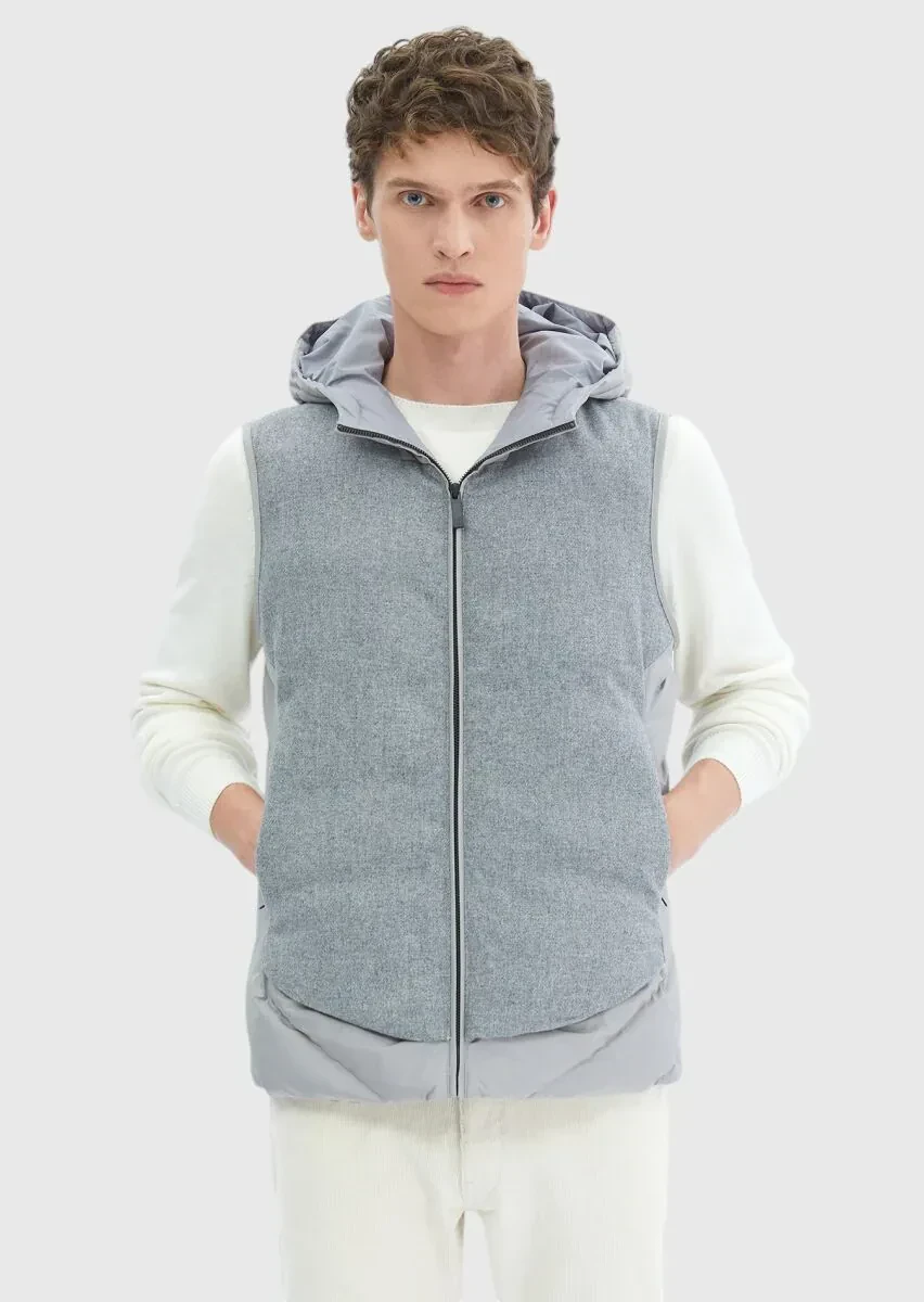 Gri Regular Fit Kapüşonlu Casual Dokuma Spor Yelek - 1