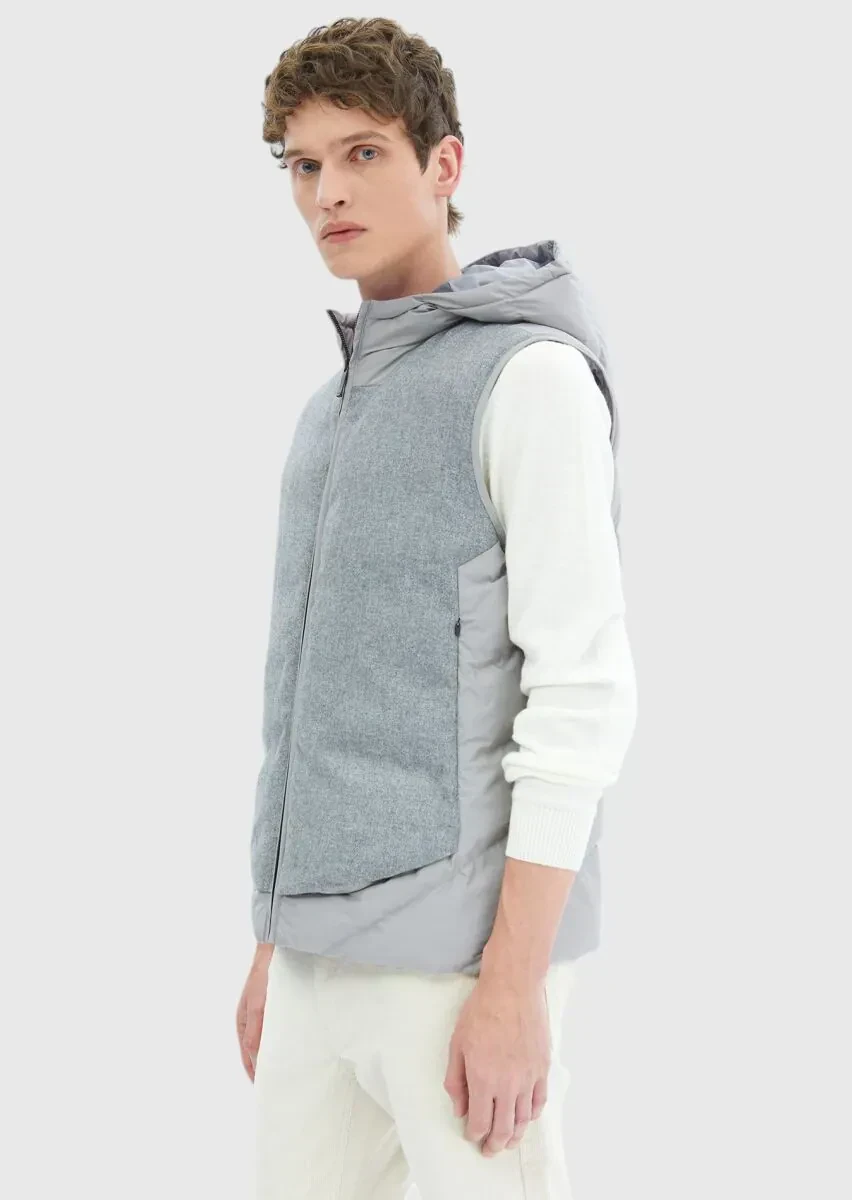 Gri Regular Fit Kapüşonlu Casual Dokuma Spor Yelek - 3