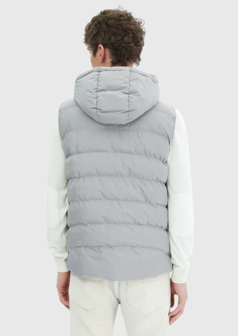 Gri Regular Fit Kapüşonlu Casual Dokuma Spor Yelek - 6