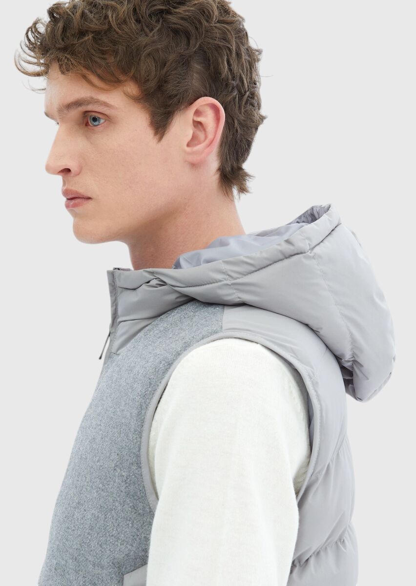 Gri Regular Fit Kapüşonlu Casual Dokuma Spor Yelek - 5