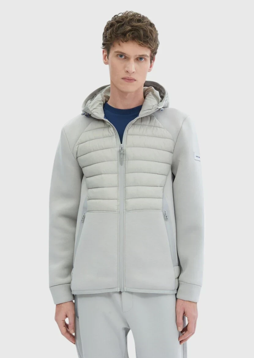Gri Regular Fit Kapüşonlu Denim Dokuma Mont - 1