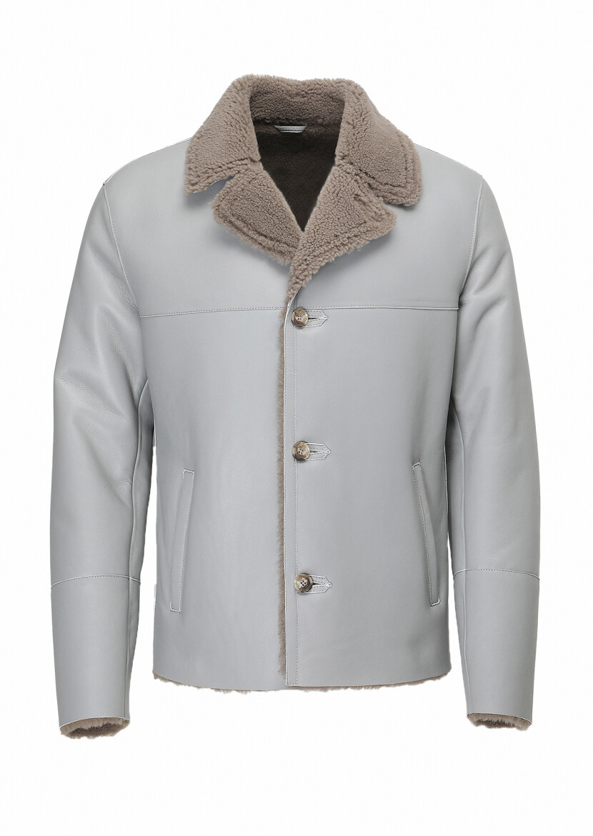 Gri Regular Fit Kelebek Yaka Casual Kürk Deri Mont - 6